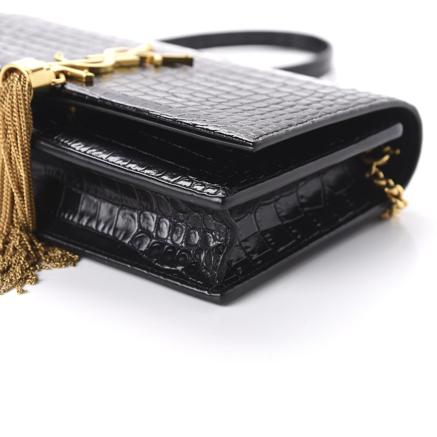Calfskin Crocodile Embossed Kate Monogram Tassel Chain Wallet Black