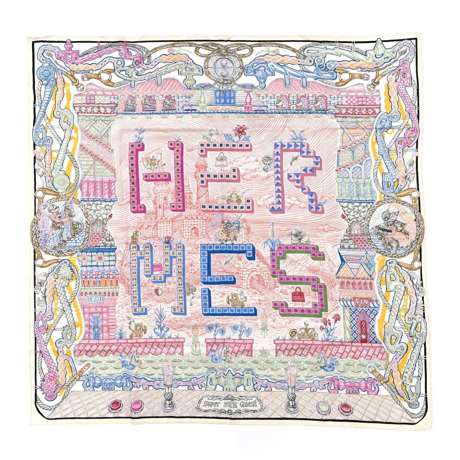 Hermes Silk Super Silk Quest Scarf 90 Cream Rose Blue 1 of 3