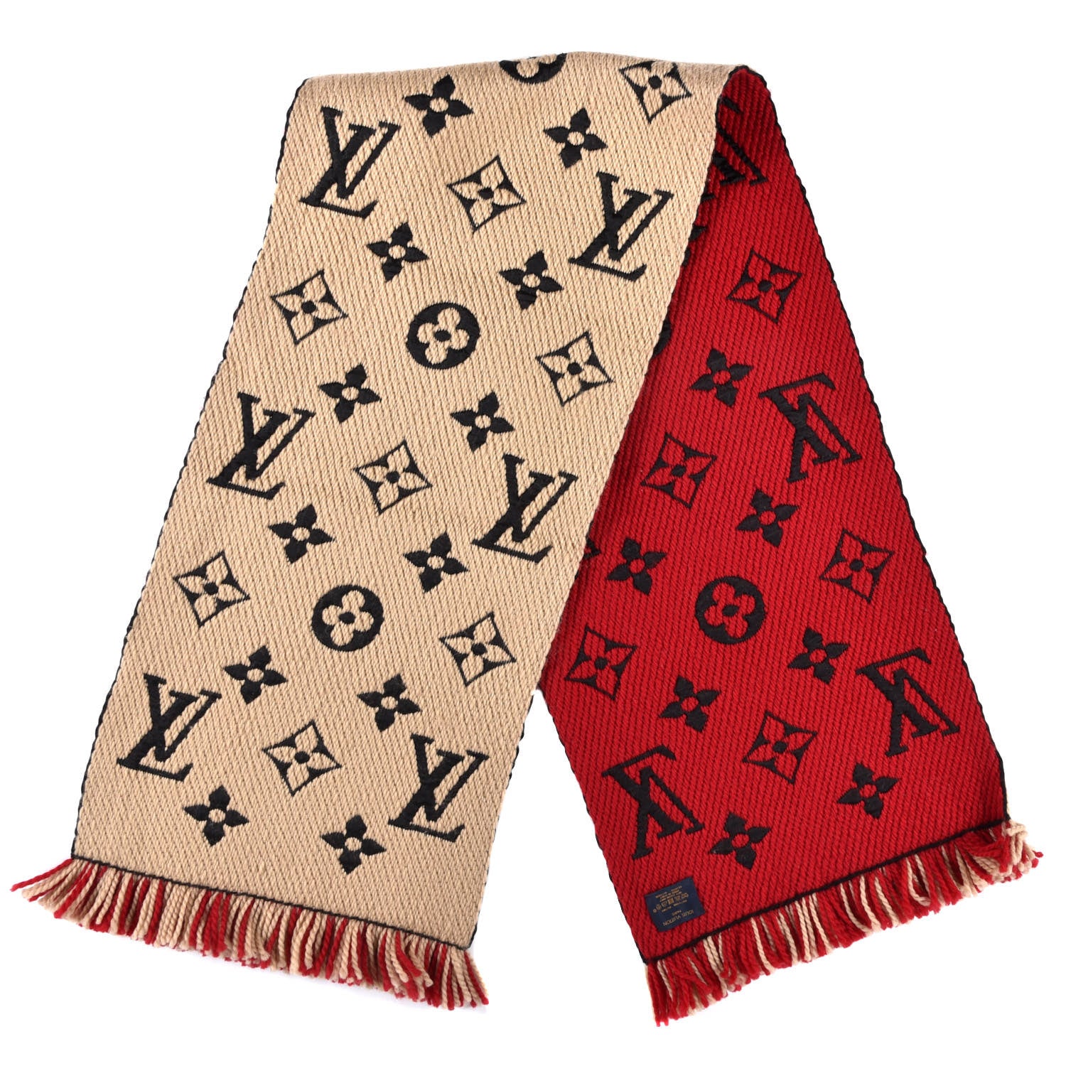 Louis Vuitton Wool Silk Logomania Duo Scarf Beige Red 2 of 3