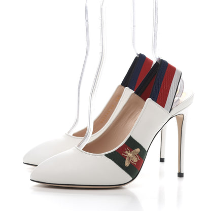 Gucci Malaga Kid Web Sylvie High Heel Slingback Pumps 40 White 3 of 9