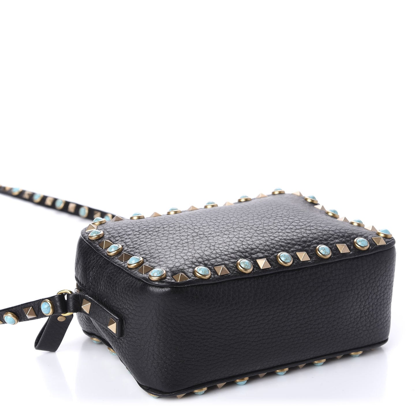Grained Calfskin Turquoise Rockstud Rolling Camera Crossbody Bag Black