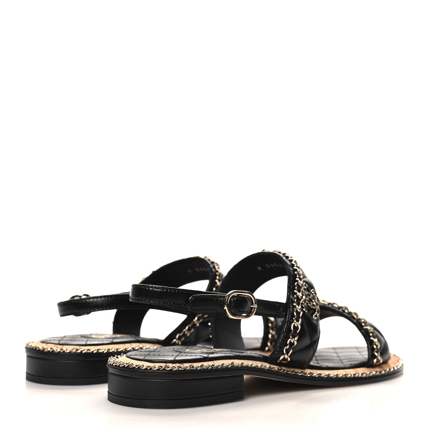 Shiny Lambskin Quilted Chain CC Sandals 40 Black