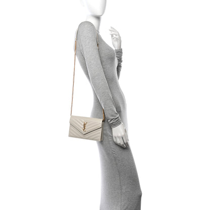 Saint Laurent Grain De Poudre Matelasse Chevron Monogram Envelope Chain Wallet Crema Soft 2 of 11