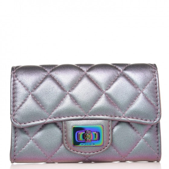 Iridescent Lambskin Quilted Reissue Flap Card Holder Light Purple