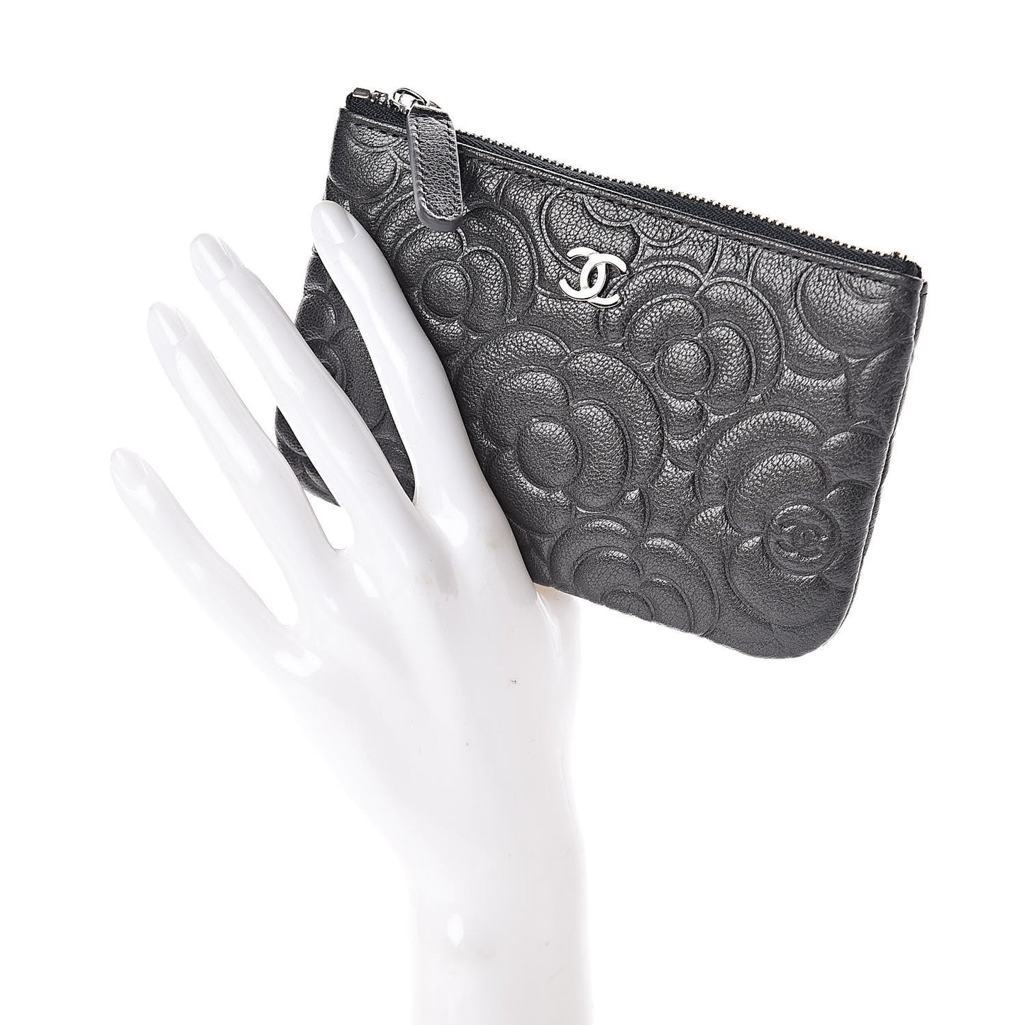 Goatskin Camellia Embossed Cosmetic Pouch Anthracite