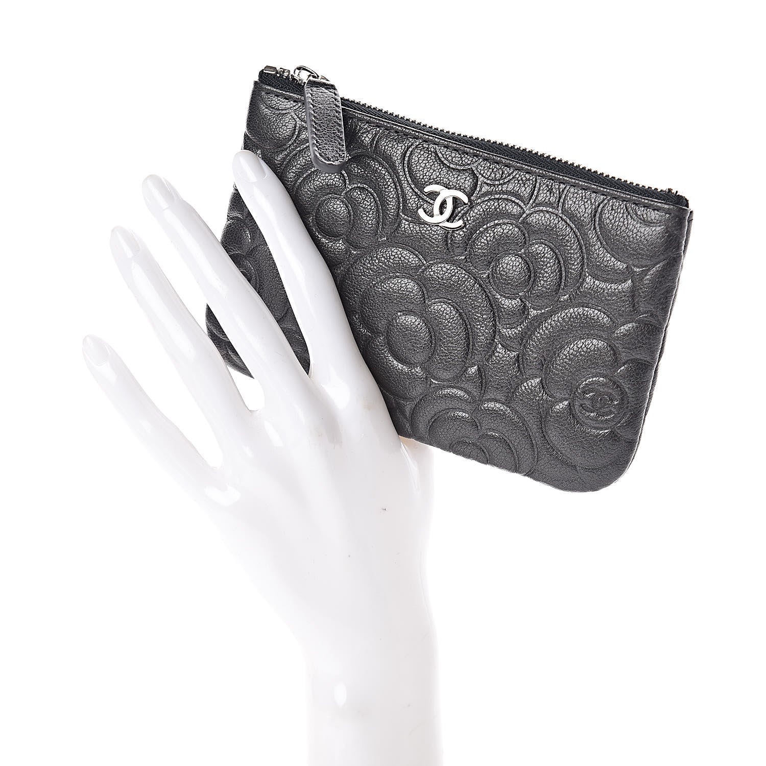 Chanel Goatskin Camellia Embossed Cosmetic Pouch Anthracite 2 of 8