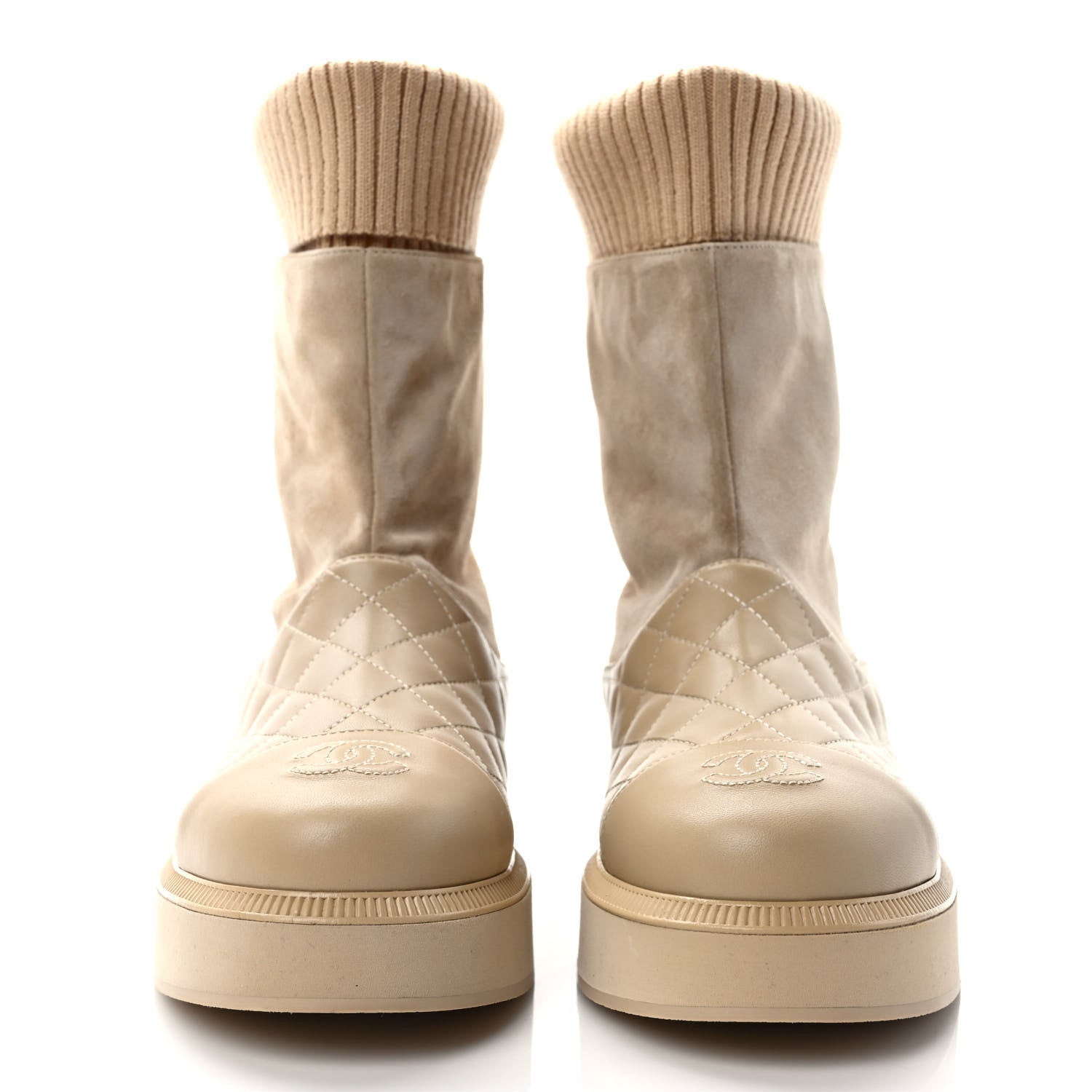 Chanel Suede Lambskin Calfskin Knit Womens Ankle Boots 37 Beige 2 of 7