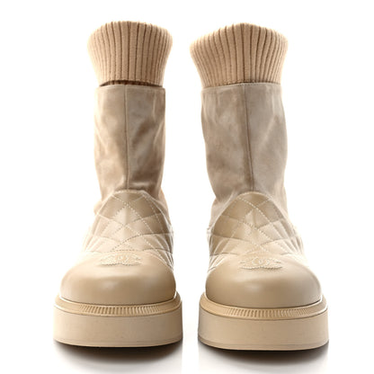 Chanel Suede Lambskin Calfskin Knit Womens Ankle Boots 37 Beige 2 of 7