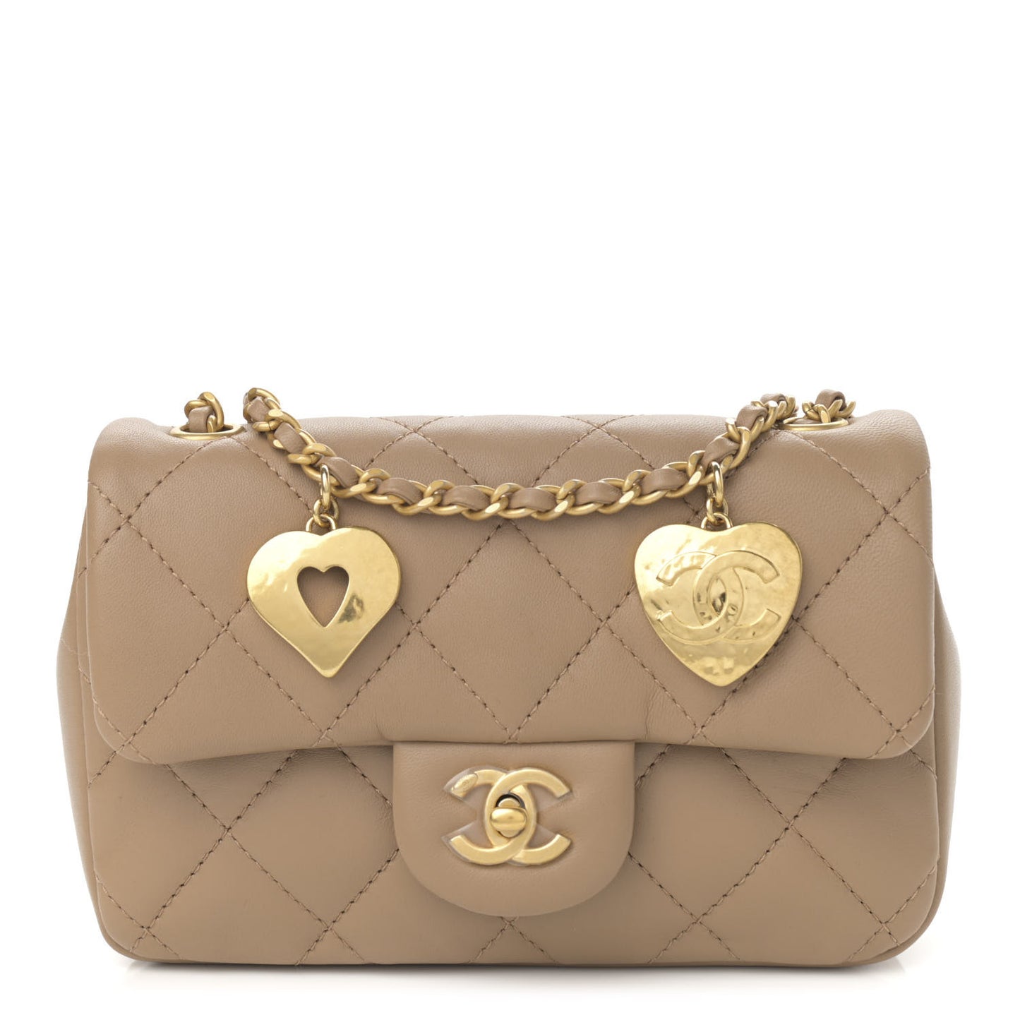 Lambskin Quilted Mini Heart Charms Flap Beige
