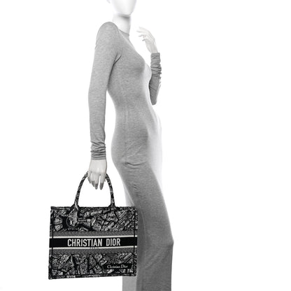 Christian Dior Canvas Embroidered Medium Plan De Paris Book Tote Black White 2 of 13