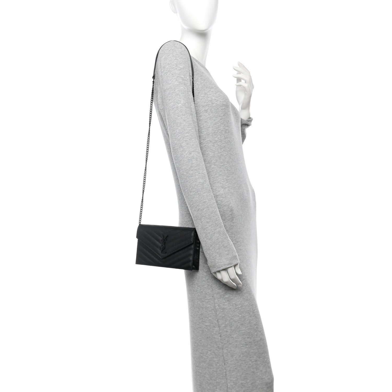 Saint Laurent Grain De Poudre Matelasse Chevron Monogram Monochrome Envelope Chain Wallet Black 3 of 11
