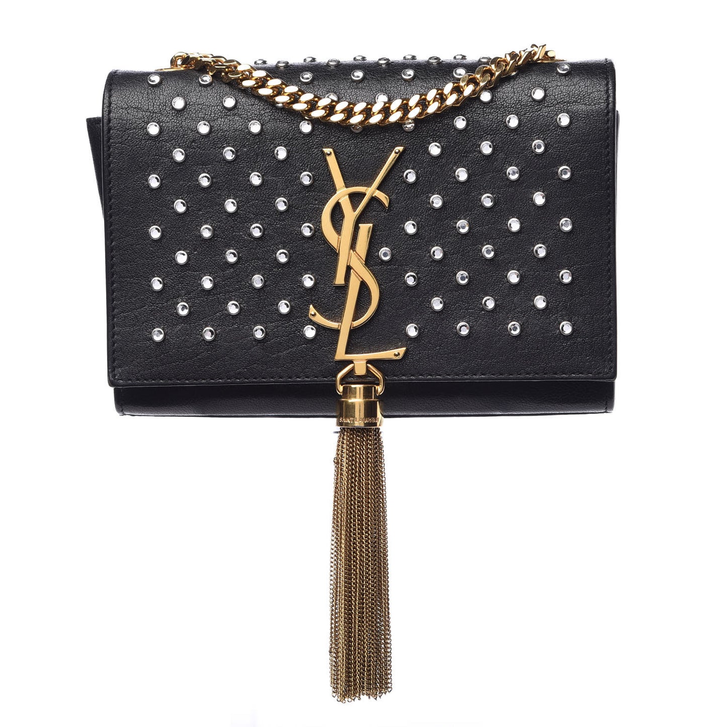 Calfskin Crystal Studded Small Classic Monogram Kate Tassel Satchel Black