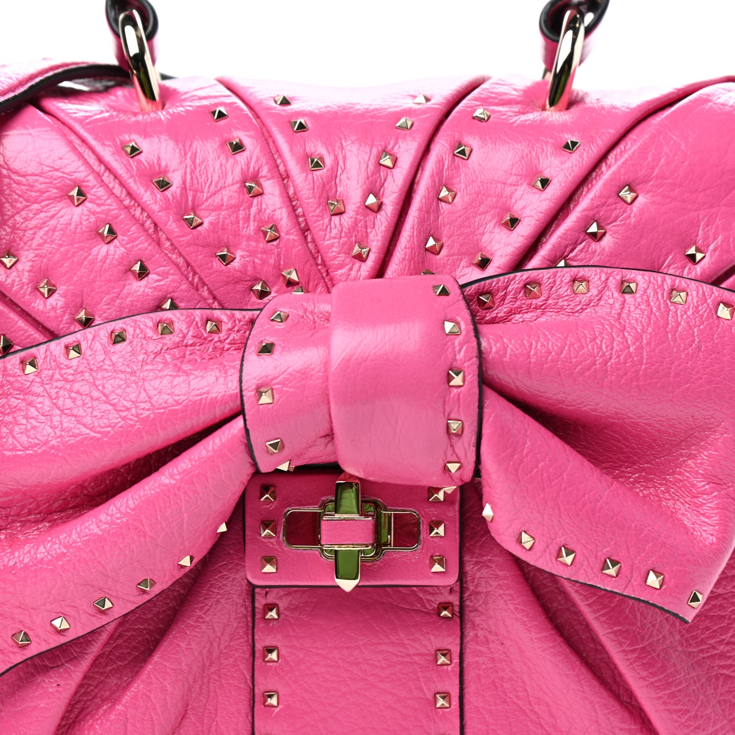 Pebbled Calfskin Rockstud Bow Top Handle Bag Pink Orchid