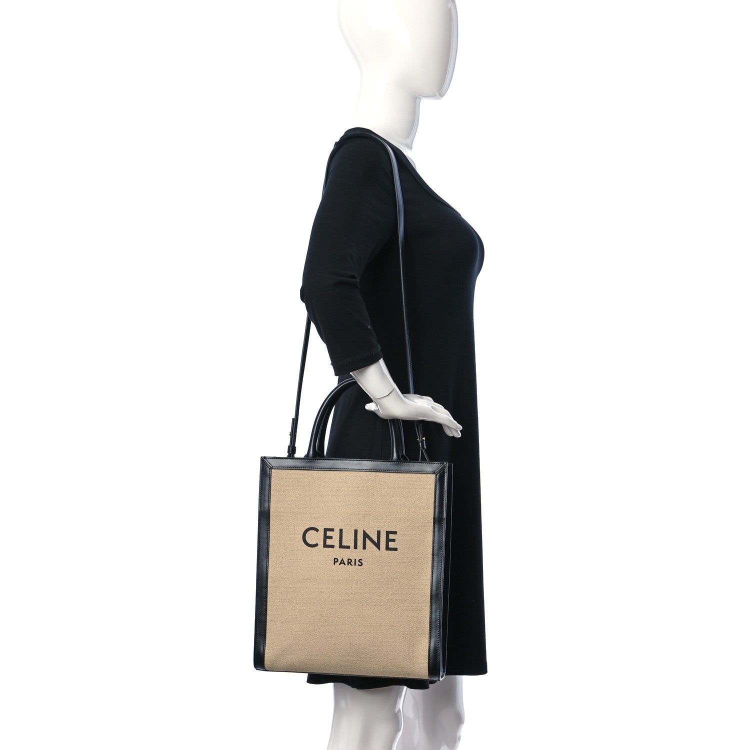 Celine Canvas Calfskin Small Vertical Cabas Vanilla Black 2 of 11
