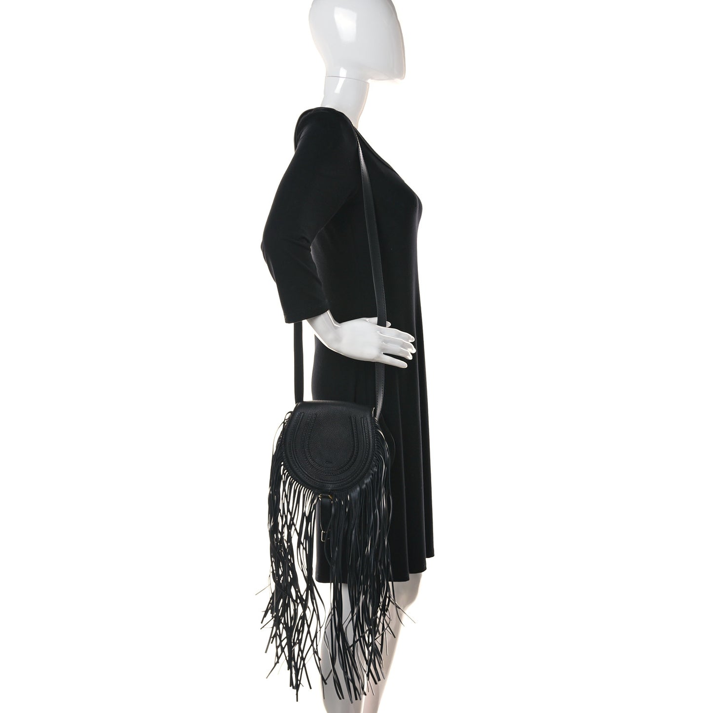 Calfskin Mini Marcie Round Fringe Crossbody Bag Black