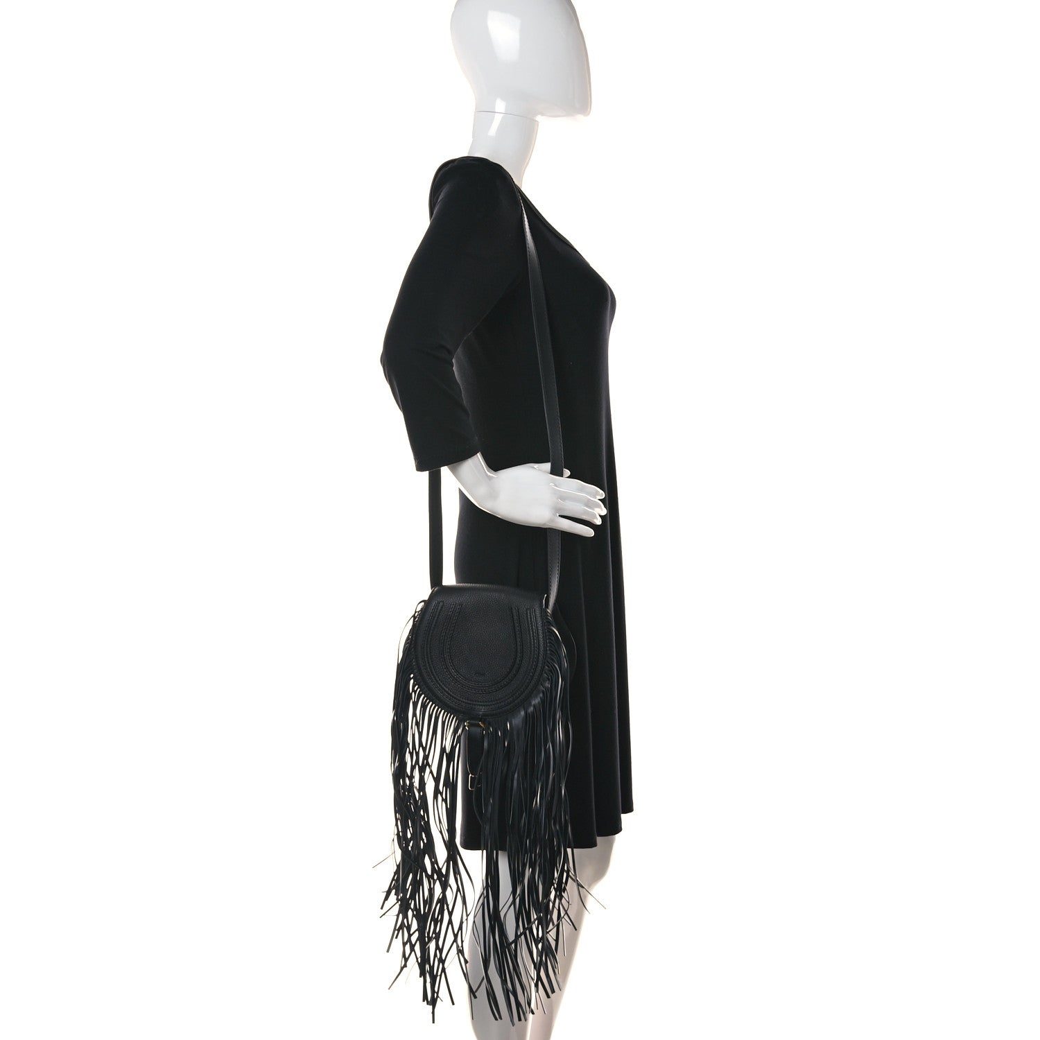 Chloe Calfskin Mini Marcie Round Fringe Crossbody Bag Black 2 of 9