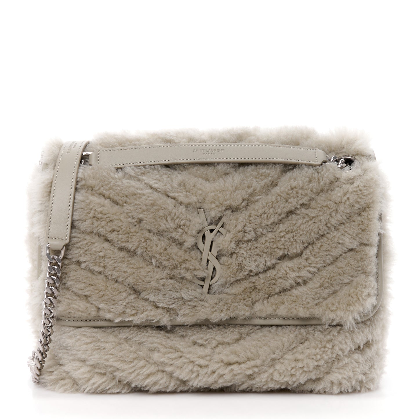 Calfskin Shearling Monogram Medium Niki Chain Satchel Grey