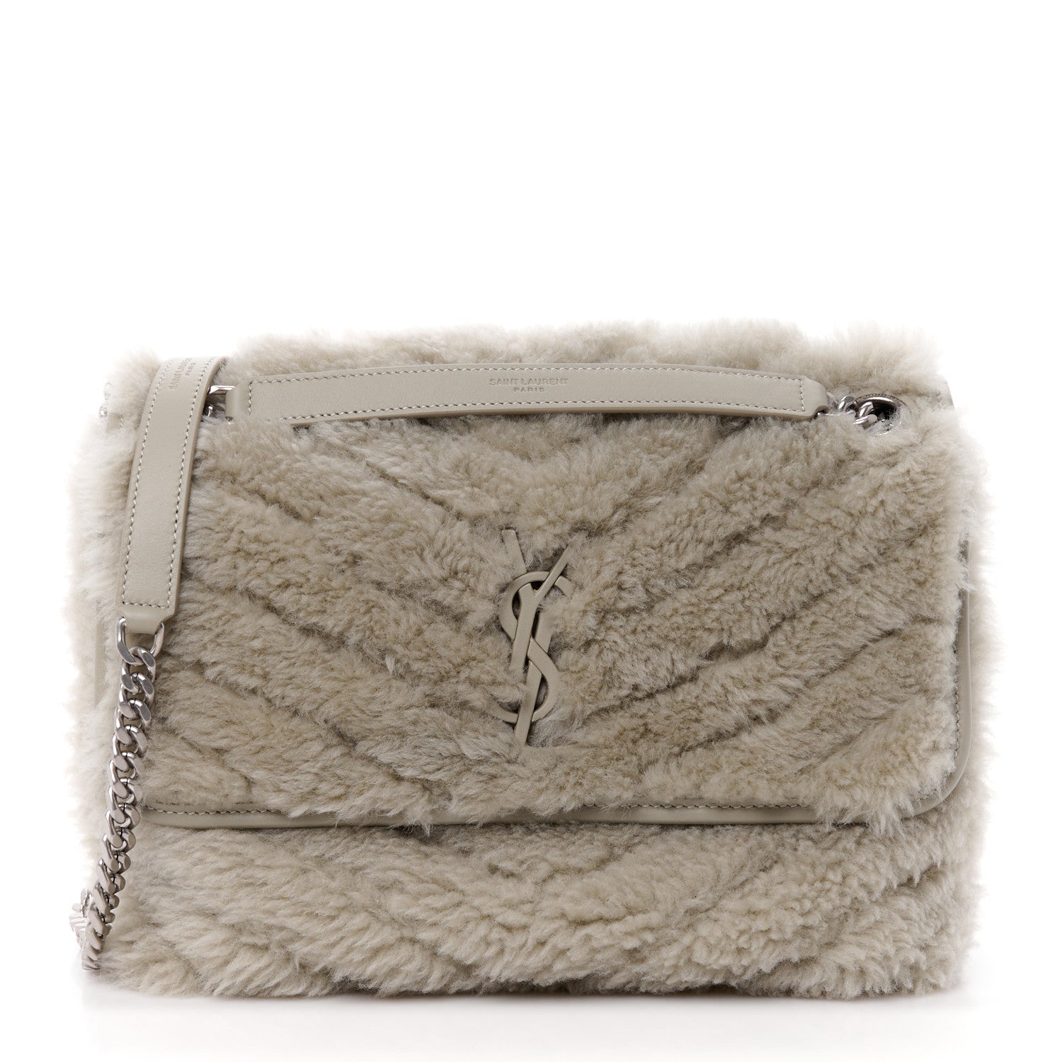 Saint Laurent Calfskin Shearling Monogram Medium Niki Chain Satchel Grey 1 of 11