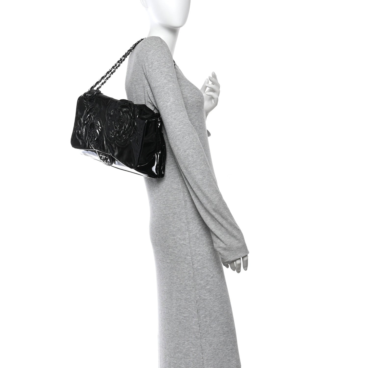 Chanel Patent Tweed Maxi Camellia Petals Flap Black 2 of 12