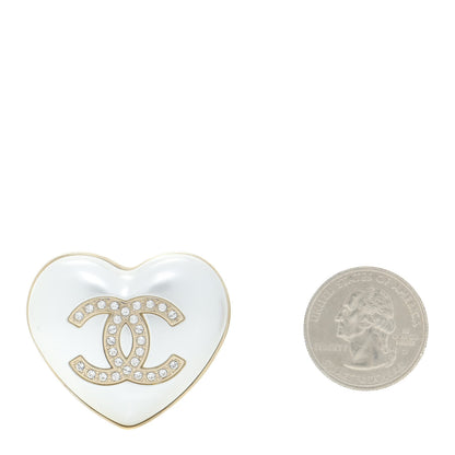 Chanel Resin Crystal CC Heart Brooch Pearly White Gold 2 of 5