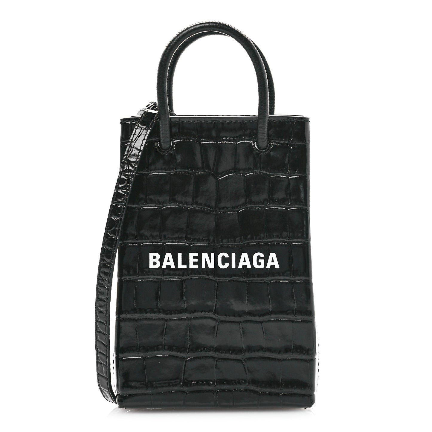 Calfskin Crocodile Embossed Logo Shopping Phone Holder Bag Black