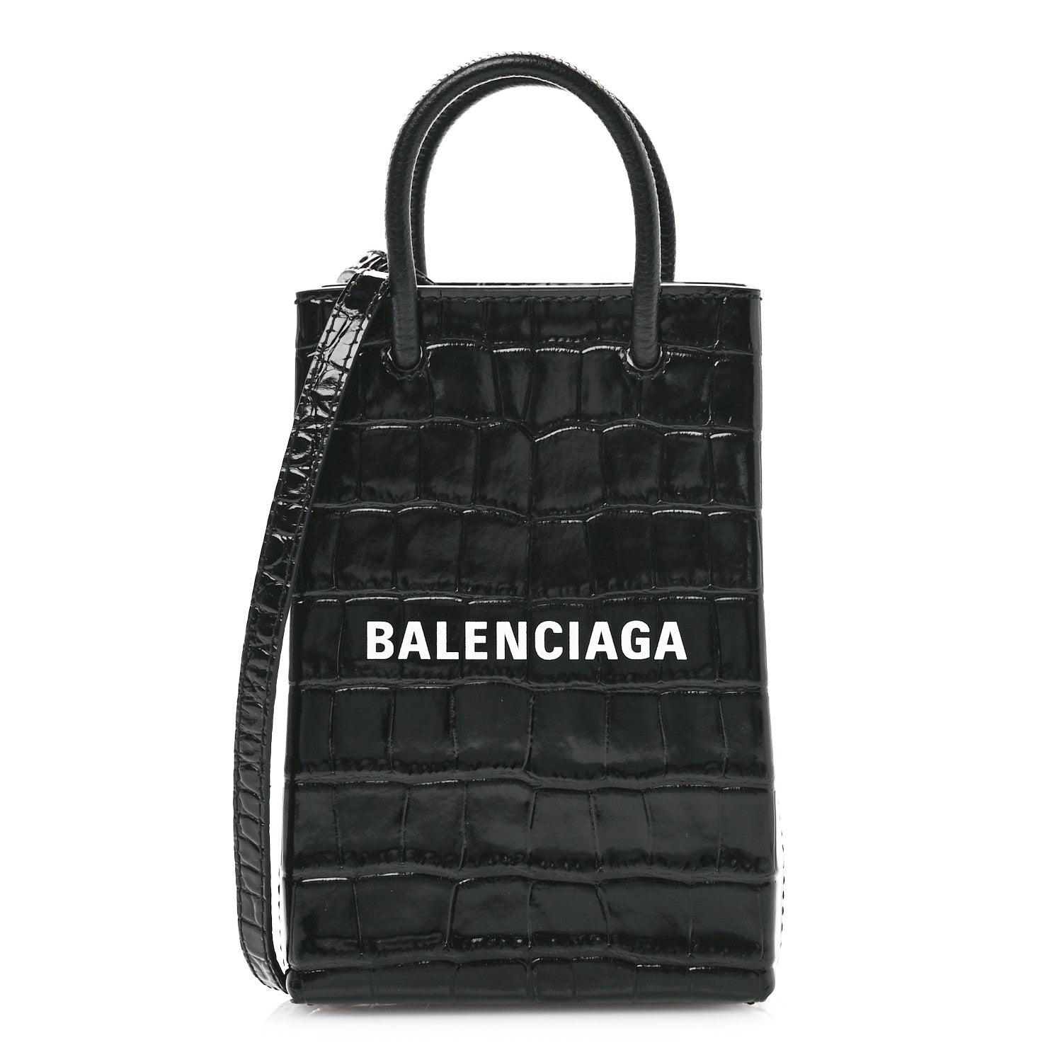 Balenciaga Calfskin Crocodile Embossed Logo Shopping Phone Holder Bag Black 1 of 10