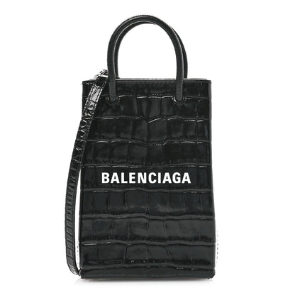 Balenciaga Calfskin Crocodile Embossed Logo Shopping Phone Holder Bag Black 1 of 10