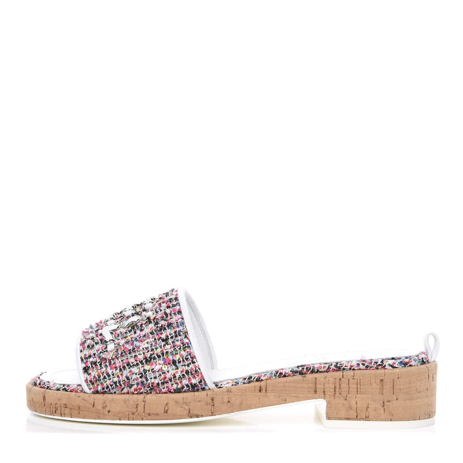 Chanel Tweed Cork Mule Sandal 37.5 White Multicolor 1 of 10