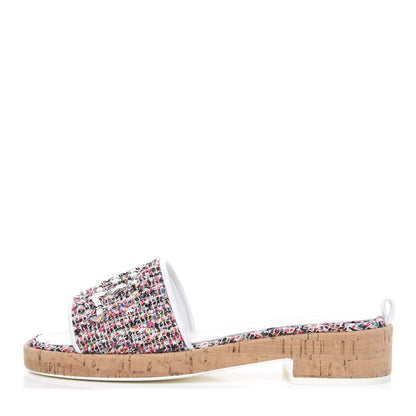 Chanel Tweed Cork Mule Sandal 37.5 White Multicolor 1 of 10