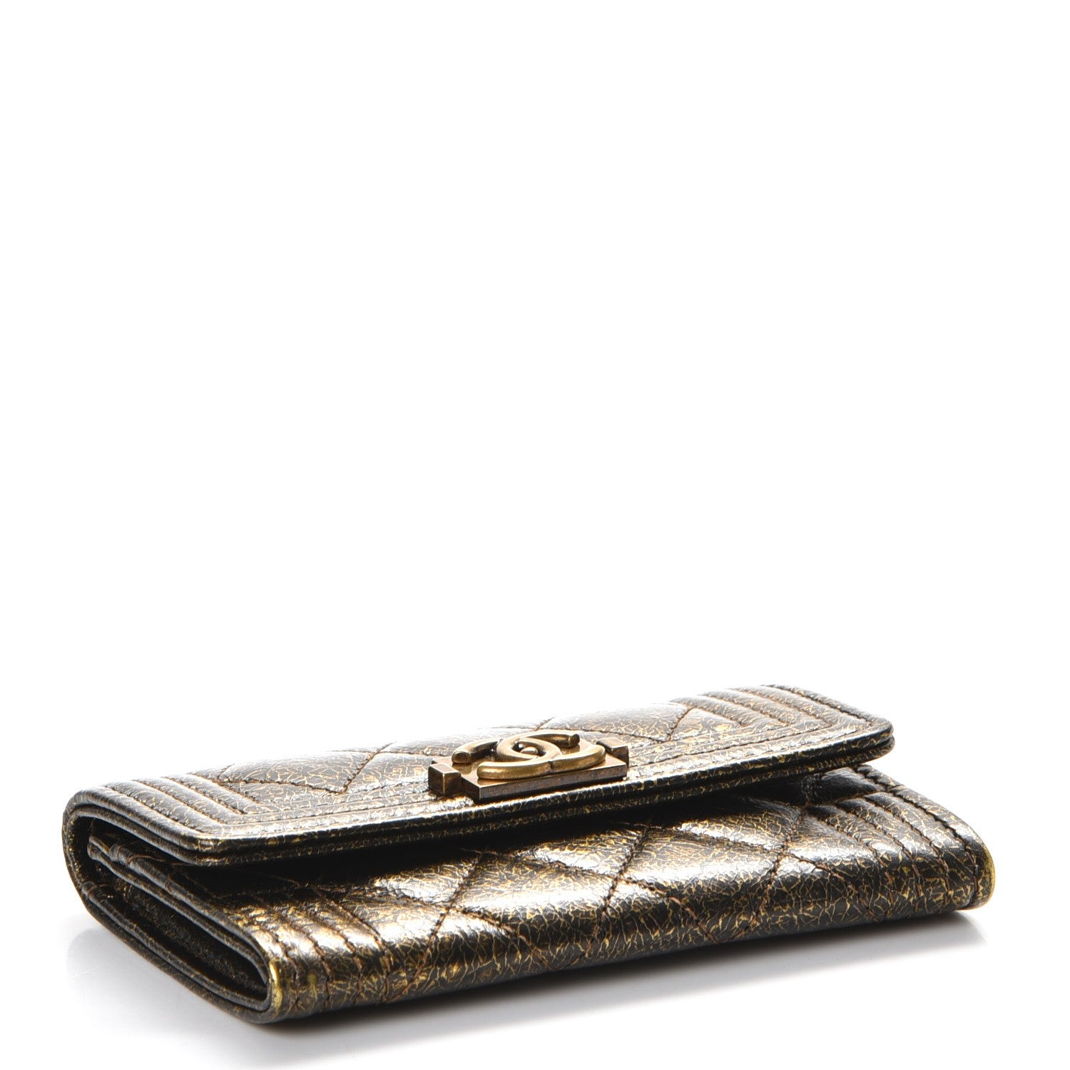 Chanel Cracked Metallic Calfskin Quilted Boy Card Holder Gold 4 of 8