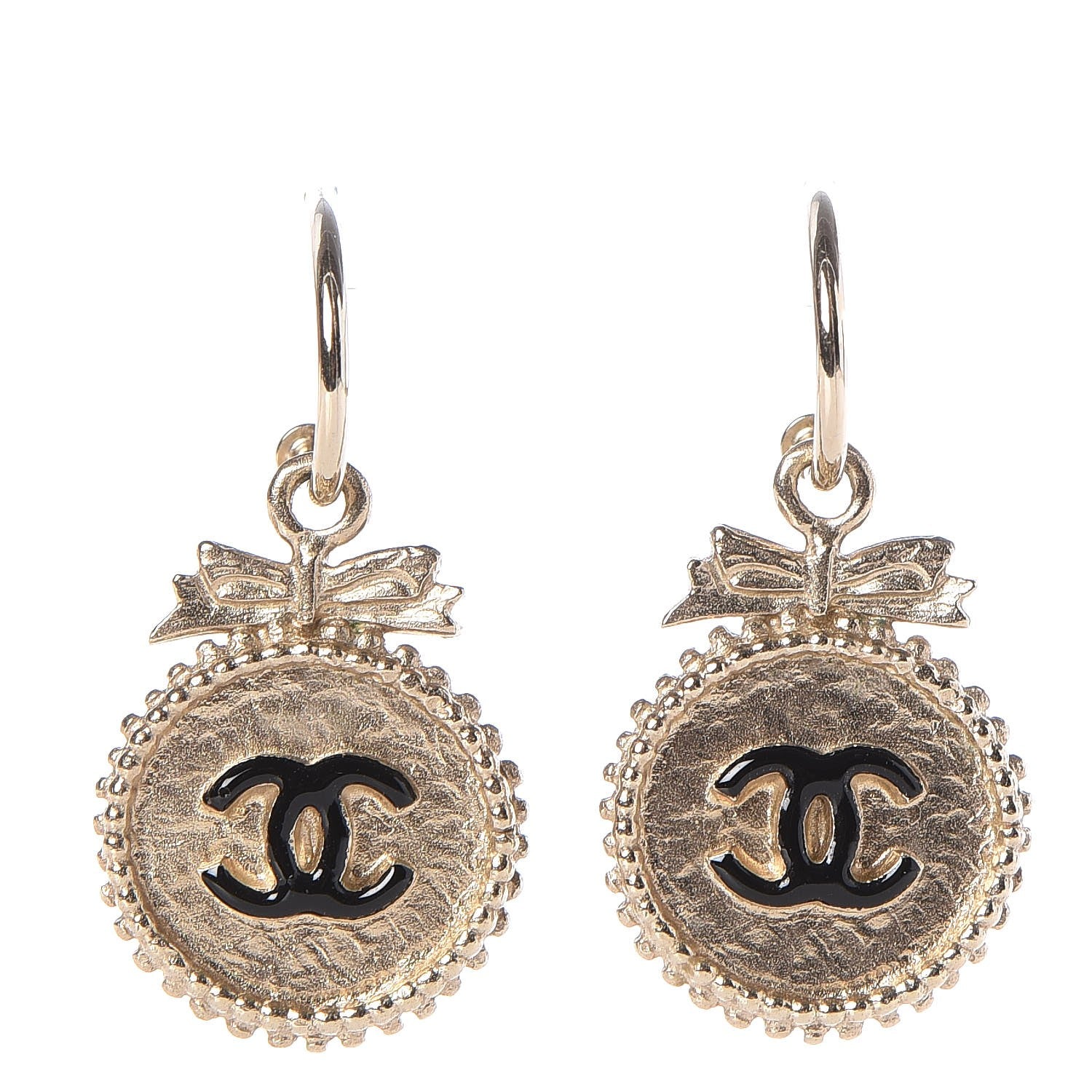 Chanel CC Bow Dangle Earrings Black Gold 1 of 4