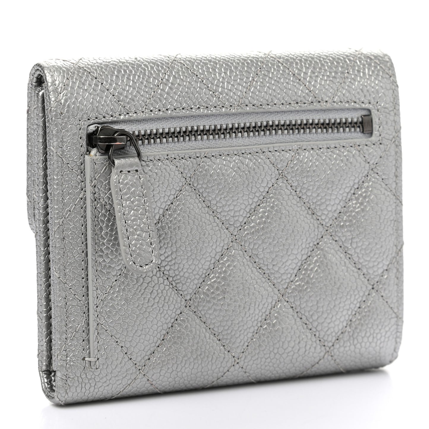 Metallic Caviar Quilted Compact Flap Wallet Silver