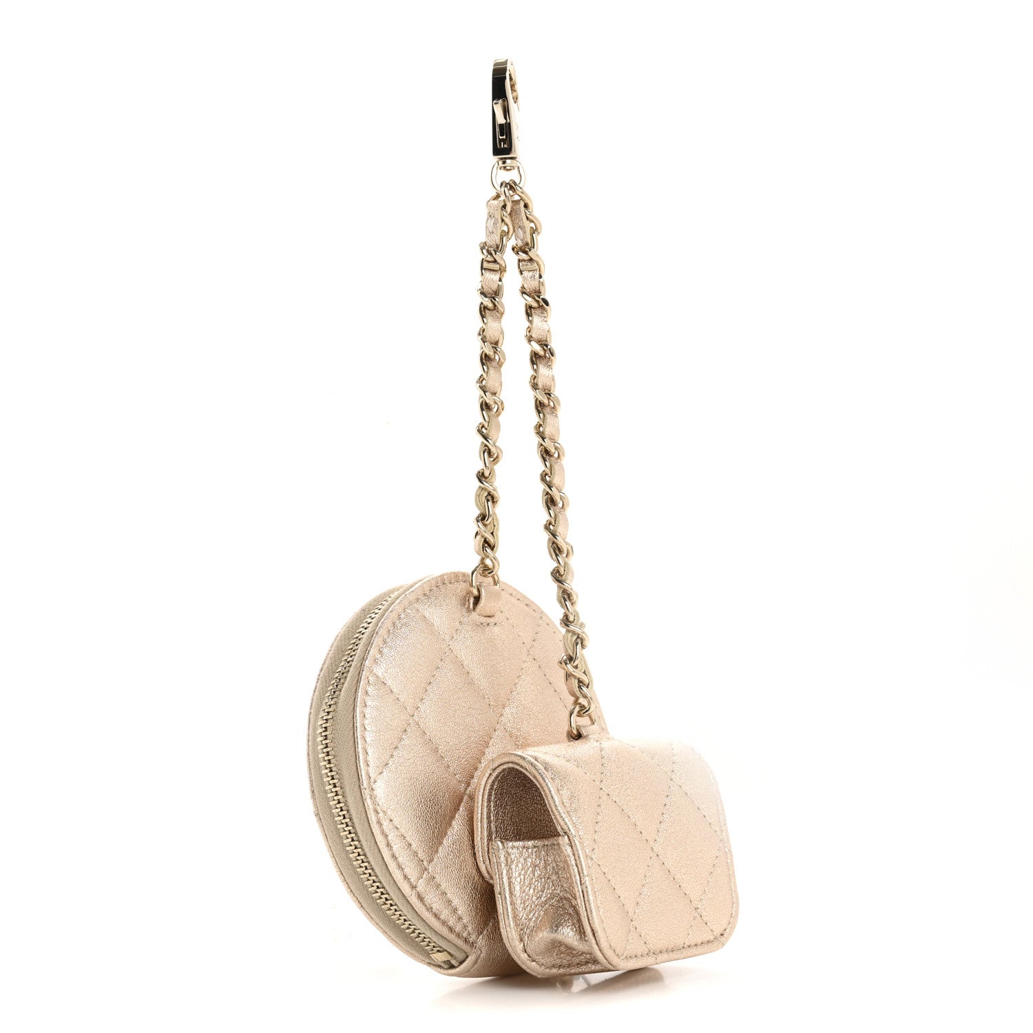 Chanel Metallic Lambskin Quilted Round Clip On Coin Purse Airpods Case Gold 3 of 9