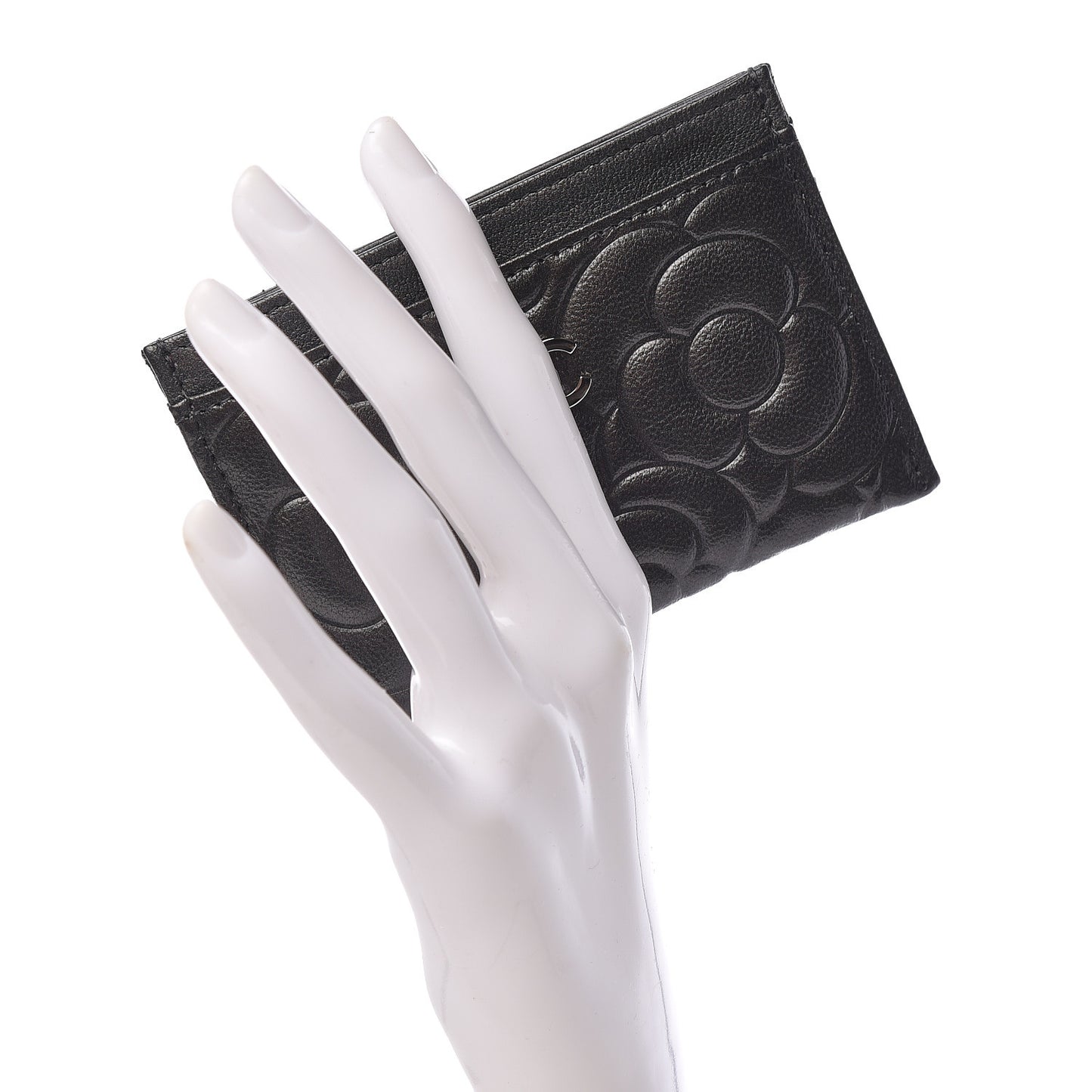 Goatskin Camellia Embossed Card Holder Grey