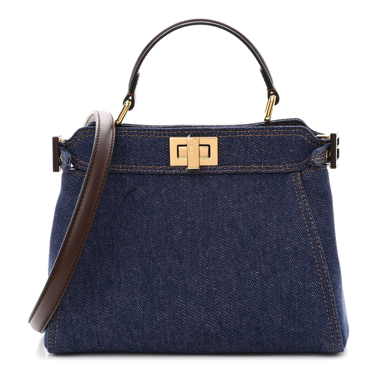 Fendi Denim Fabric Jacquard Cuoio FF 1974 Mini Peekaboo Iconic Satchel Blue Tobacco Moro 1 of 10