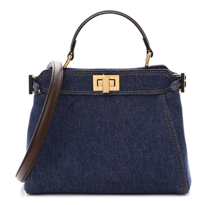 Fendi Denim Fabric Jacquard Cuoio FF 1974 Mini Peekaboo Iconic Satchel Blue Tobacco Moro 1 of 10