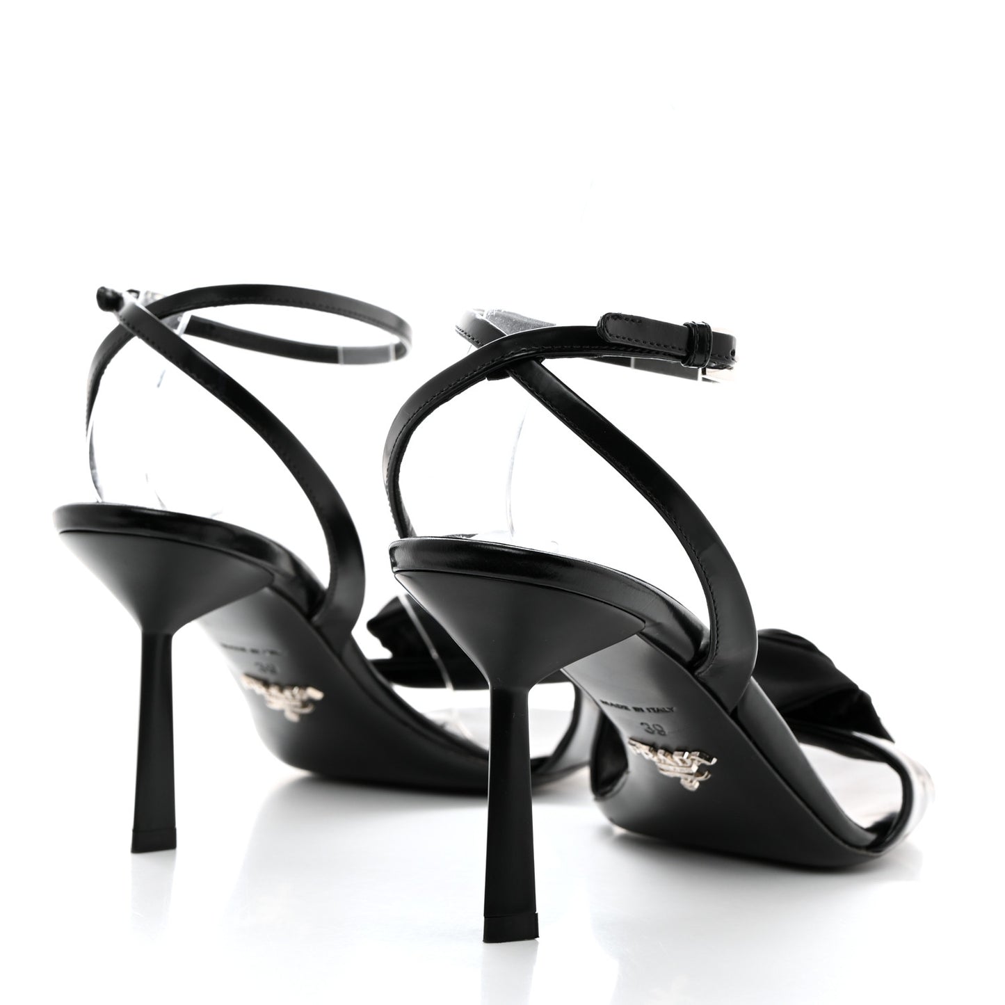 Vernice Nylon Flower Metal Triangle Logo Open Toe 65mm Sandals 39 Black