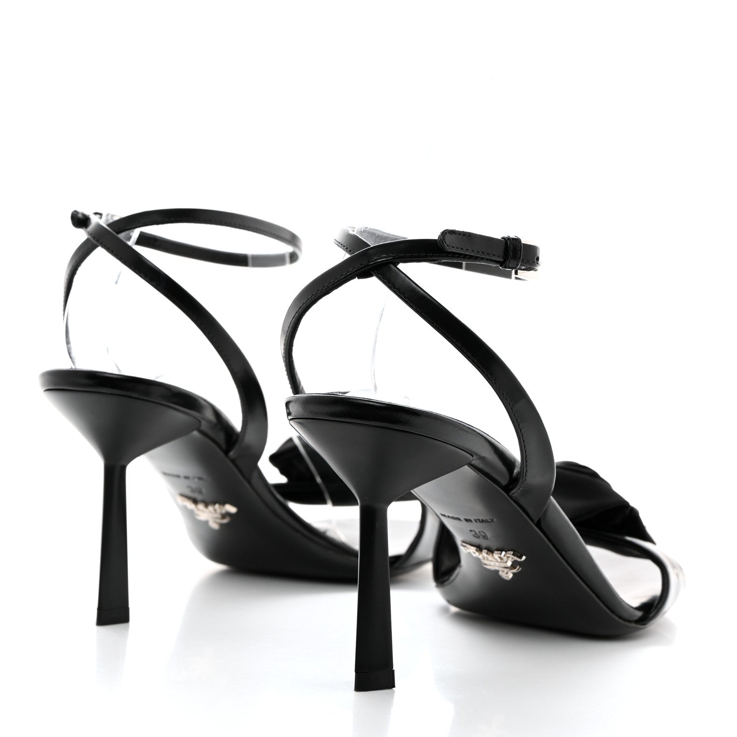 Prada Vernice Nylon Flower Metal Triangle Logo Open Toe 65mm Sandals 39 Black 4 of 8