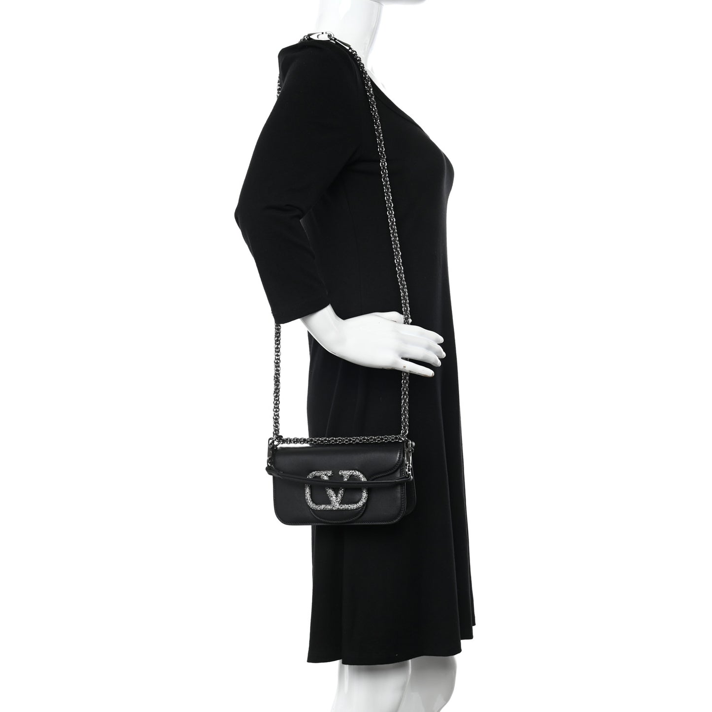 Calfskin Crystal Vlogo Small Loco Shoulder Bag Black