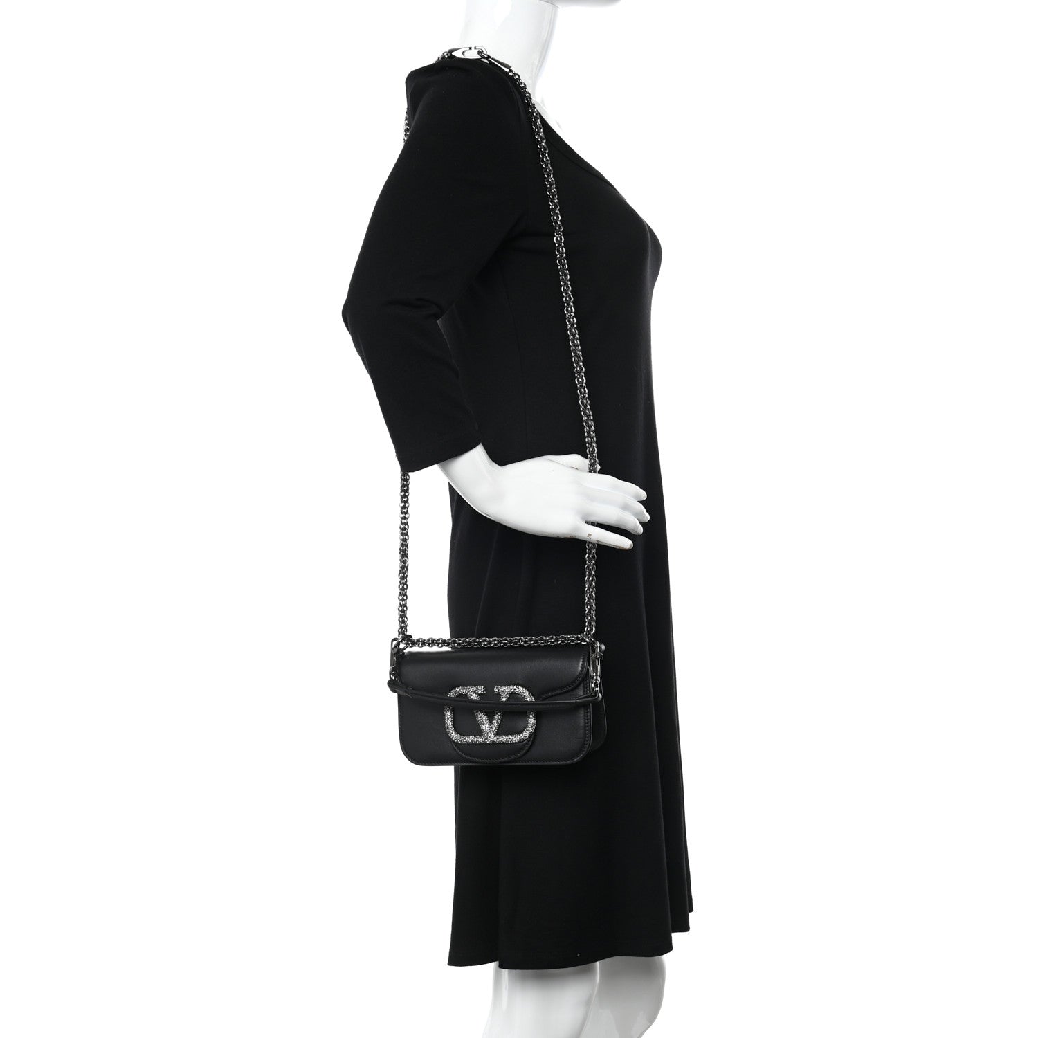 Valentino Garavani Calfskin Crystal Vlogo Small Loco Shoulder Bag Black 2 of 11