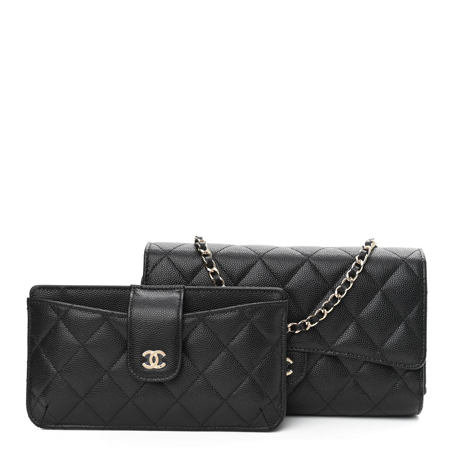 Caviar Quilted Phone Holder Wallet on Removable Chain Black