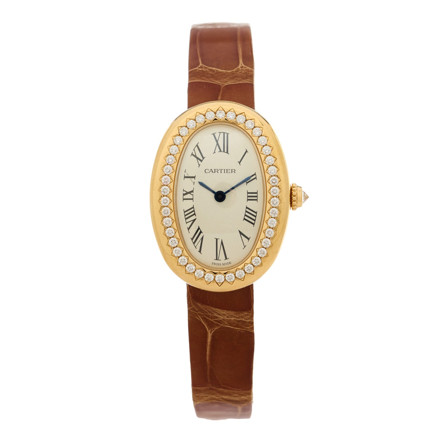 18K Yellow Gold Alligator Diamond Bezel 24mm Baignoire Quartz Watch