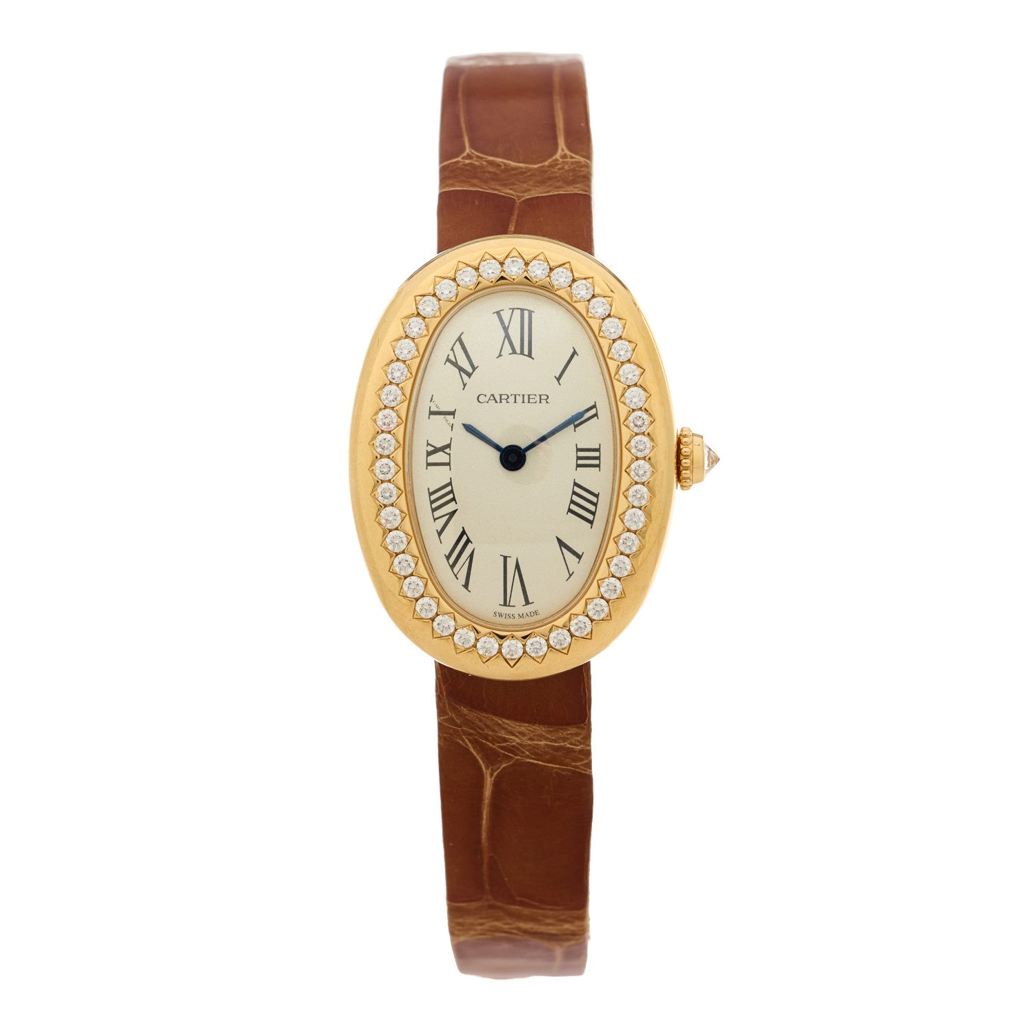 Cartier 18K Yellow Gold Alligator Diamond Bezel 24mm Baignoire Quartz Watch 1 of 7