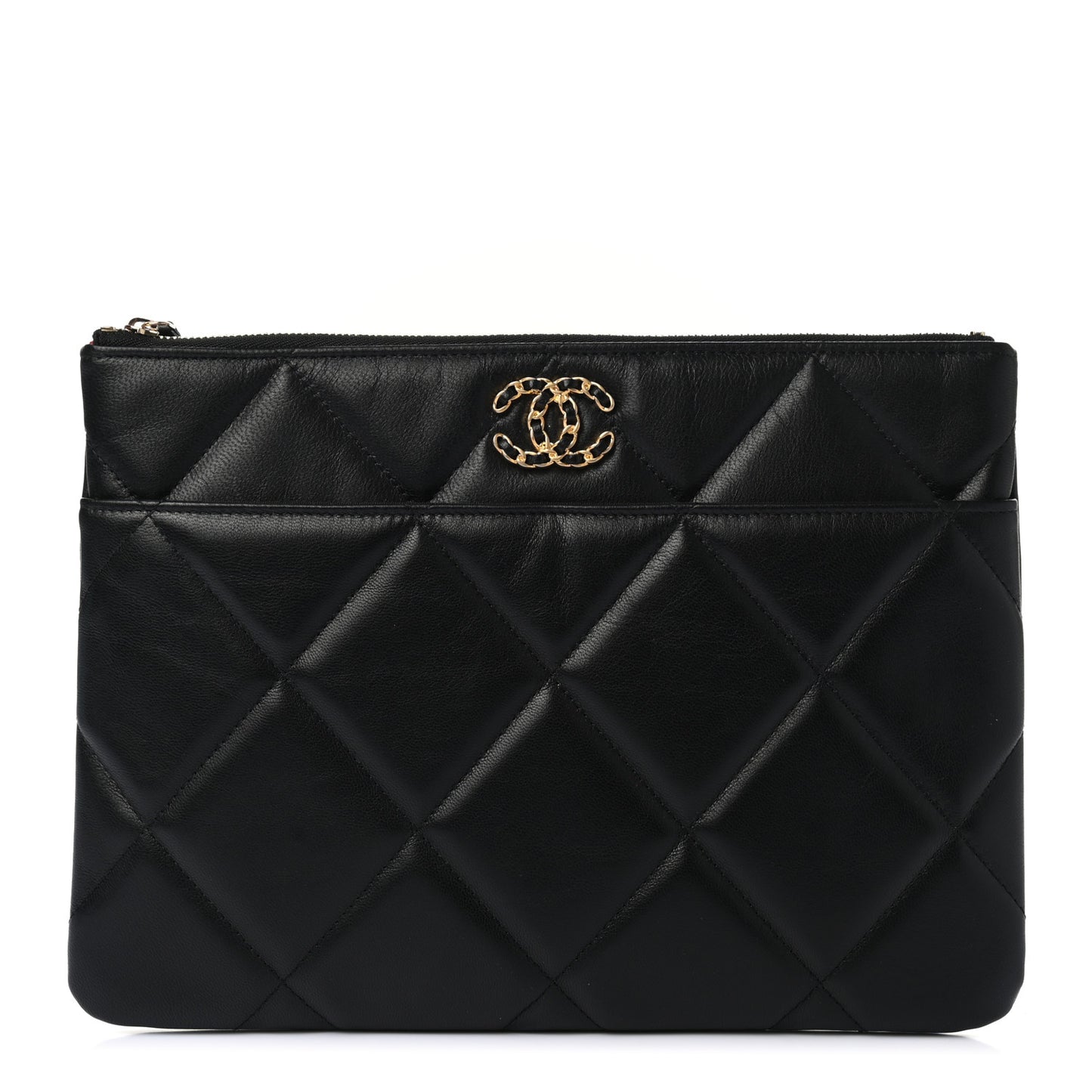 Goatskin Quilted Large Chanel 19 Pouch Black