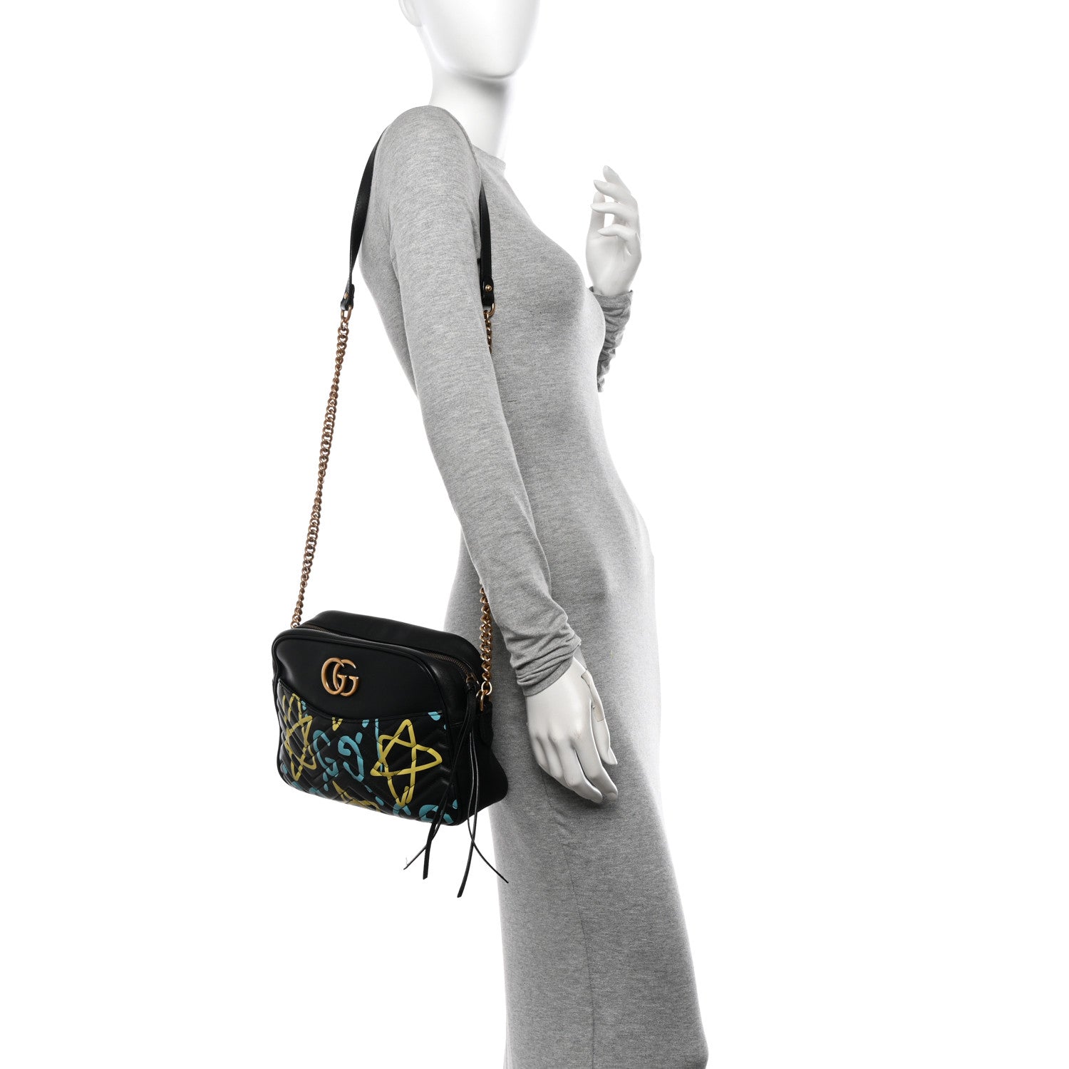 Gucci Calfskin Matelasse GucciGhost Medium GG Marmont Chain Shoulder Bag Black New Acquamarine 2 of 11