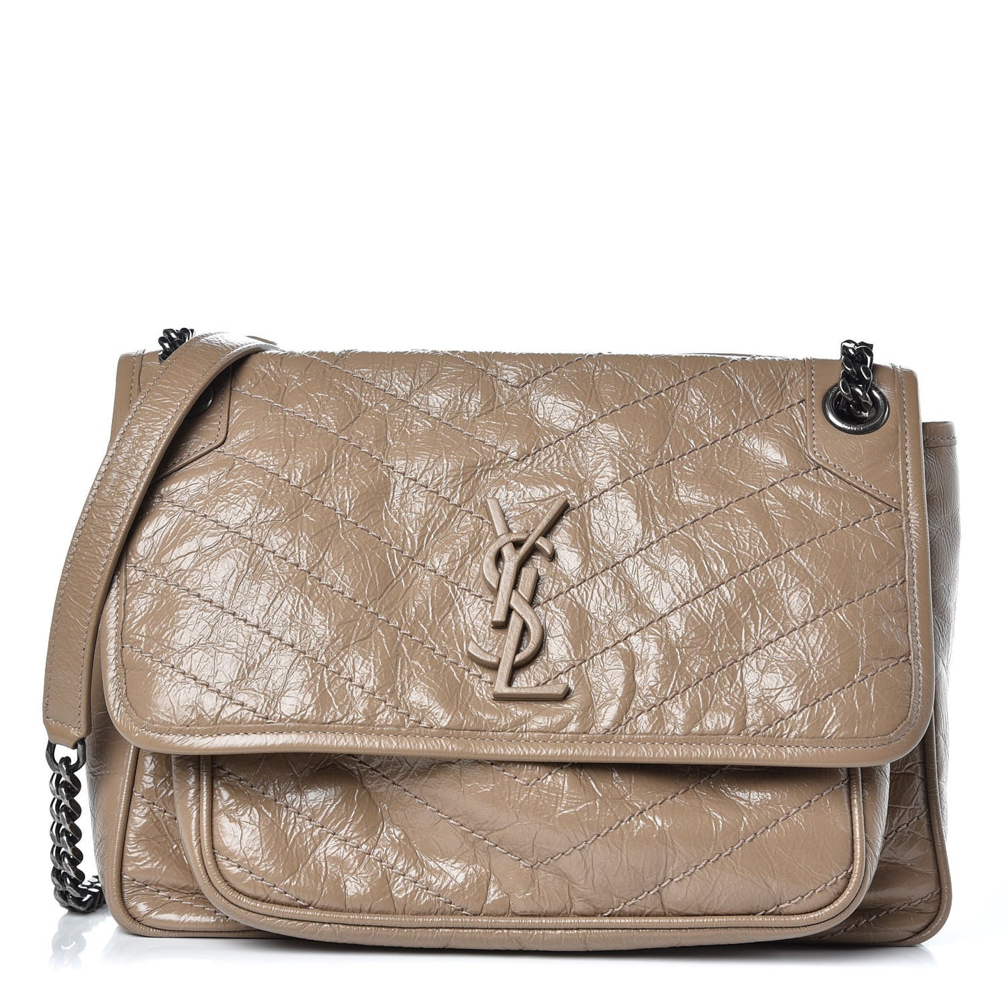 Crinkled Calfskin Matelasse Monogram Medium Niki Chain Satchel Light Taupe
