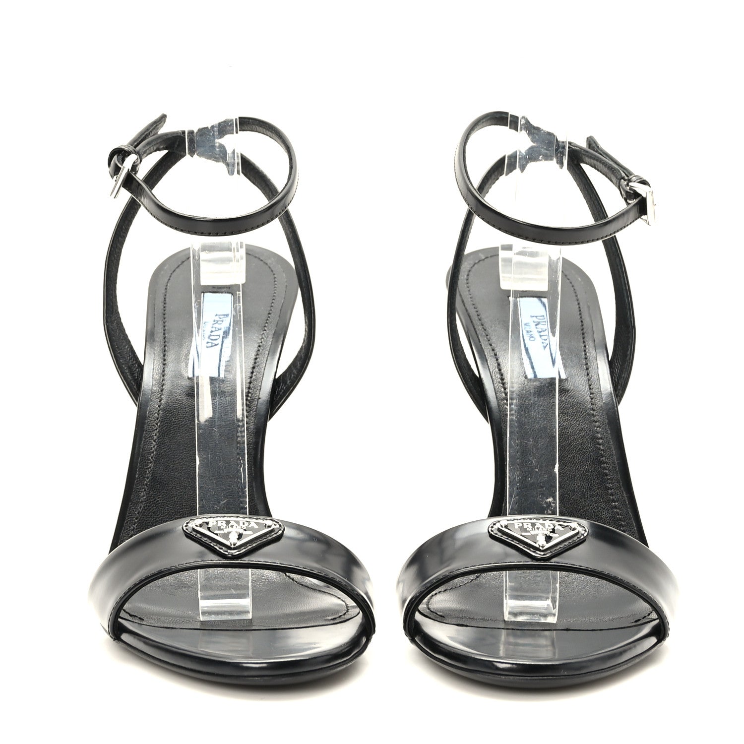 Prada Spazzolato Metal Triangle Logo Ankle Strap 100mm Sandals 39 Black 2 of 8
