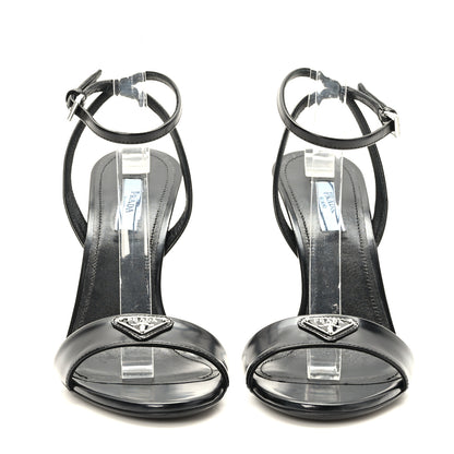 Prada Spazzolato Metal Triangle Logo Ankle Strap 100mm Sandals 39 Black 2 of 8