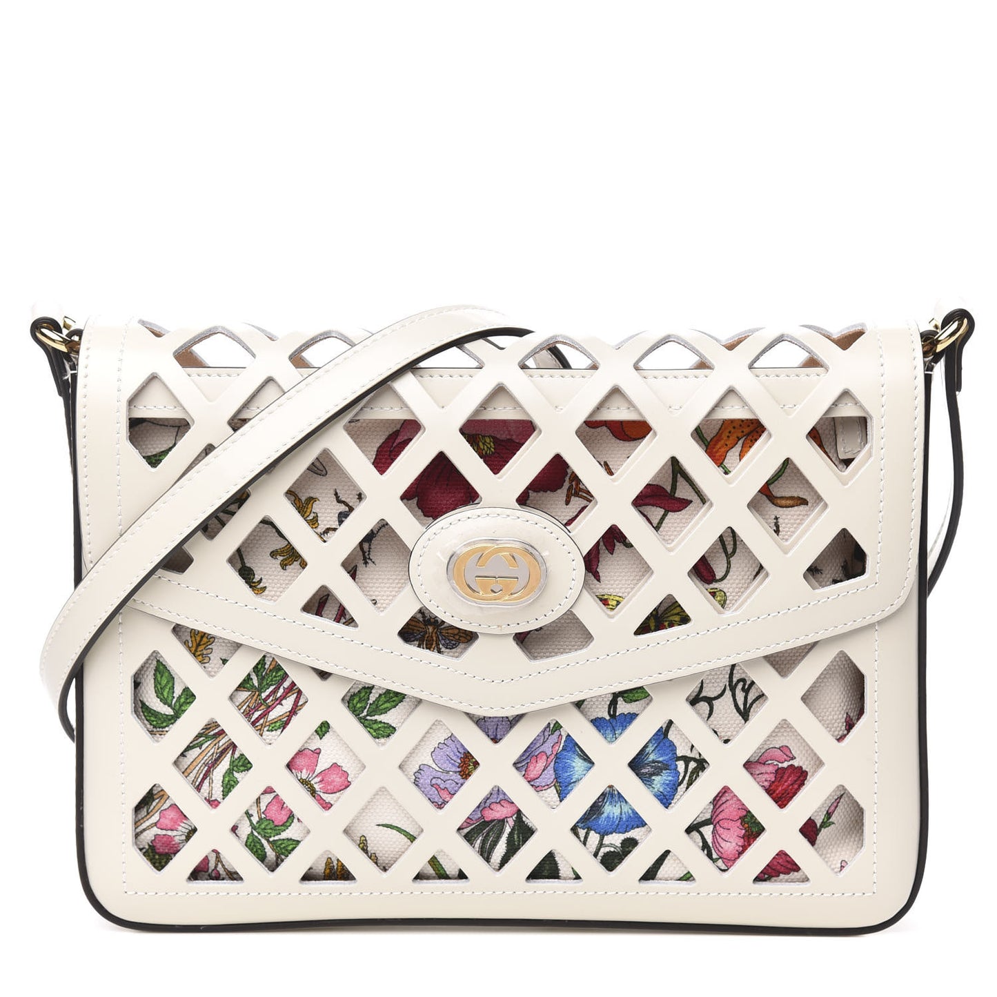 Canvas Flora Floral Calfskin Medium Cutout Shoulder Bag White Multicolor