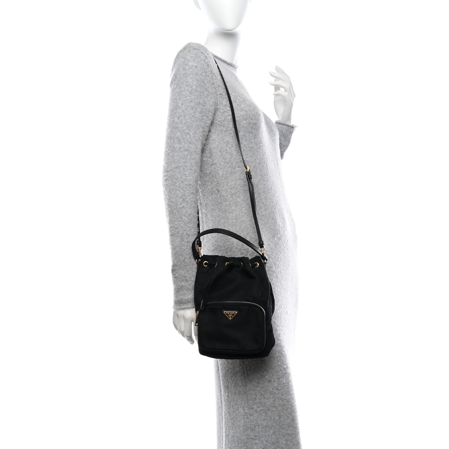 Saffiano Tessuto Nylon Mini Bucket Crossbody Bag Black
